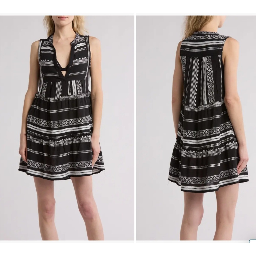 Elan Black White Geometric Print Tiered Ruffle V Neck Sleeveless Mini Dress S